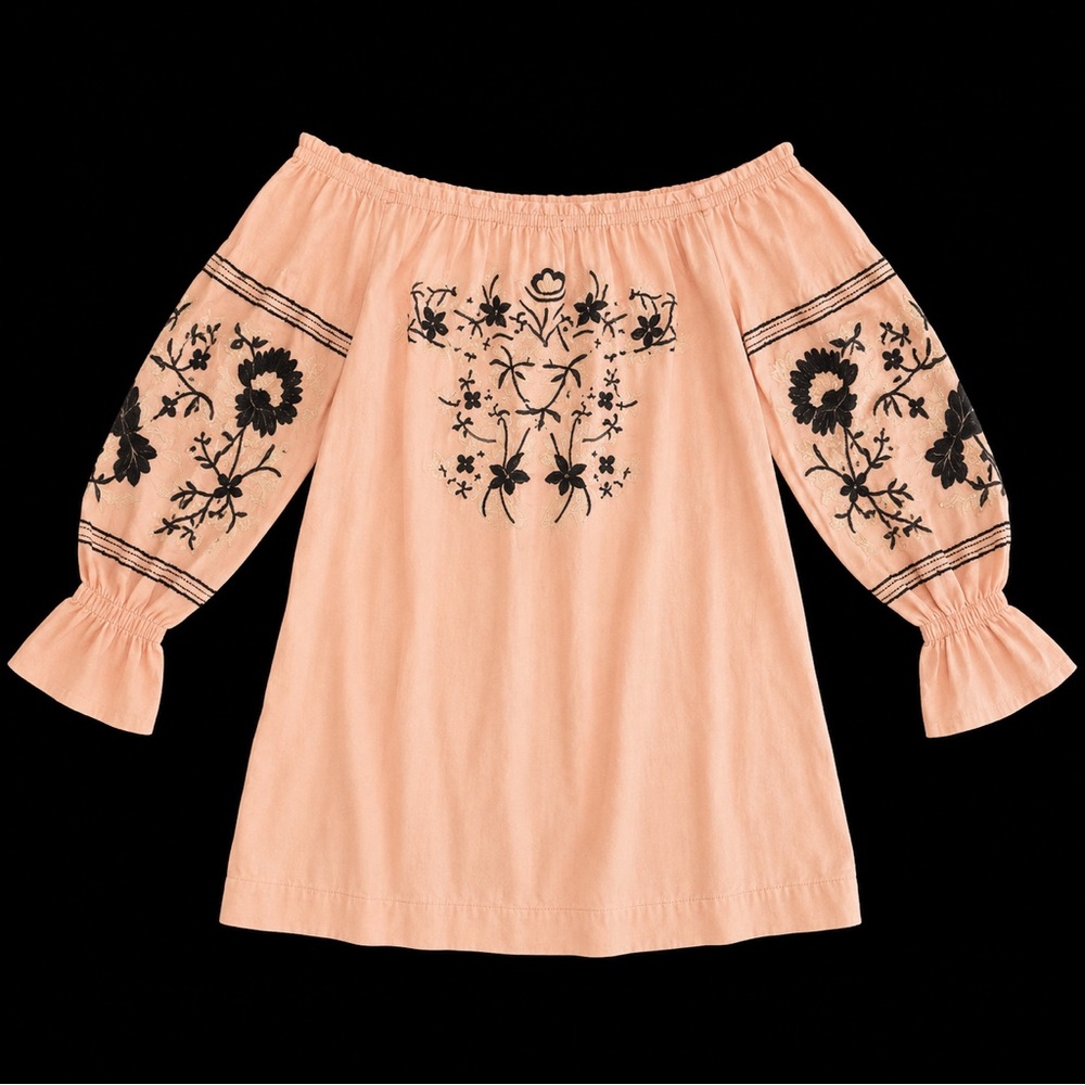 Free People Fleur Du Jour Peach Embroidered Peasant Dress XS Off Shoulder Boho